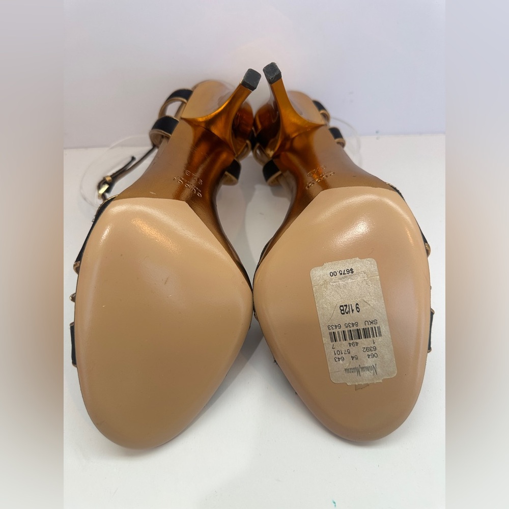 Gucci Bee Satin Heels Black Gold Strappy Sandals Ankle Strap Pumps Sz 9.5 - Picture 11 of 13